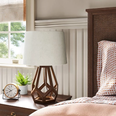 Large Wood Geo Assembled Table Lamp Brown - Threshold™: No Assembly, UL Listed, Cotton Shade 4 Large Wood Geo Assembled Table Lamp Brown - Threshold™: No Assembly, UL Listed, Cotton Shade - Image 2