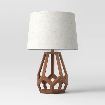 Large Wood Geo Assembled Table Lamp Brown - Threshold™: No Assembly, UL Listed, Cotton Shade 3 Large Wood Geo Assembled Table Lamp Brown - Threshold™: No Assembly, UL Listed, Cotton Shade
