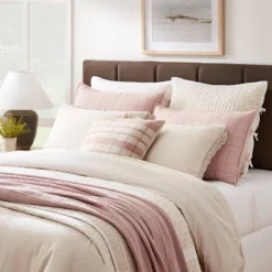 Square Woven Plaid Decorative Throw Pillow Mauve/Light Beige - Threshold™ Designed With Studio McGee: Cotton Dobby, Indoor Use, Hidden Zipper