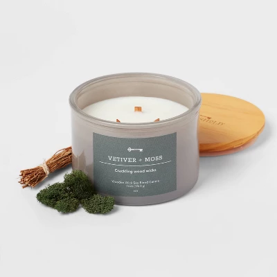 14oz Lidded Gray Glass Jar Crackling Wooden 3-Wick Candle With Paper Label Vetiver + Moss - Threshold™ 4 14oz Lidded Gray Glass Jar Crackling Wooden 3-Wick Candle With Paper Label Vetiver + Moss - Threshold™ - Image 2