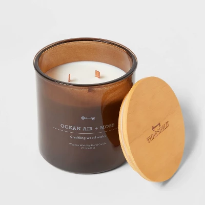 23oz XL 3-Wick Ocean Air + Moss Wooden Amber Glass With Wood Lid And Stamped Logo Amber - Threshold™ 4 23oz XL 3-Wick Ocean Air + Moss Wooden Amber Glass With Wood Lid And Stamped Logo Amber - Threshold™ - Image 2