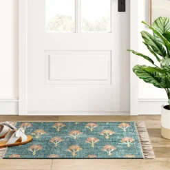 Washable Floral Block Printed Blue Rug Blue - Threshold™